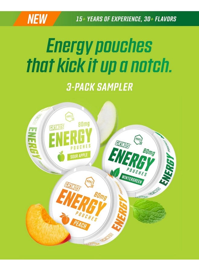GRINDS Grinds Energy Pouches - Natural Caffeine Pouches - Contains B-Vitamins, Sugar-Free, & 0 Calories - 80mg of Caffeine in Each Pouch - Wintergreen, Peach, & Sour Apple - 3 Pack, 15 Pouches Per Can - Image 2