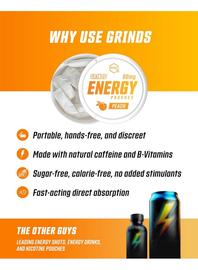GRINDS Grinds Energy Pouches - Natural Caffeine Pouches - Contains B-Vitamins, Sugar-Free, & 0 Calories - 80mg of Caffeine in Each Pouch - Wintergreen, Peach, & Sour Apple - 3 Pack, 15 Pouches Per Can - Image 4