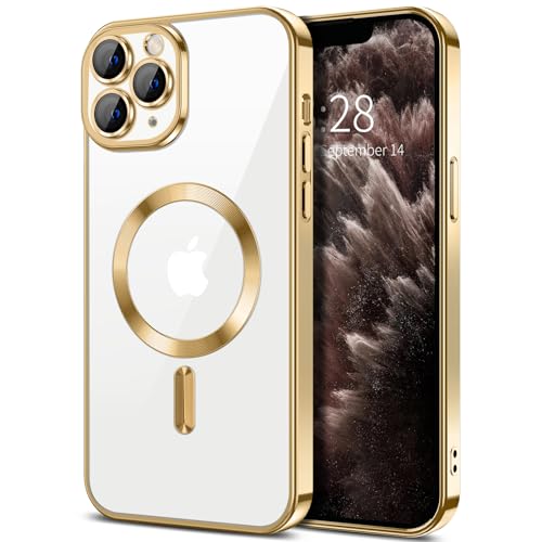 Hython Magnetic Clear for iPhone 11 Pro Max Case with Camera Lens Protector [Compatible with MagSafe] Plating Edge Slim Soft TPU Cover Protective Phone Case for iPhone 11 Pro Max 6.5", Gold - Image 1