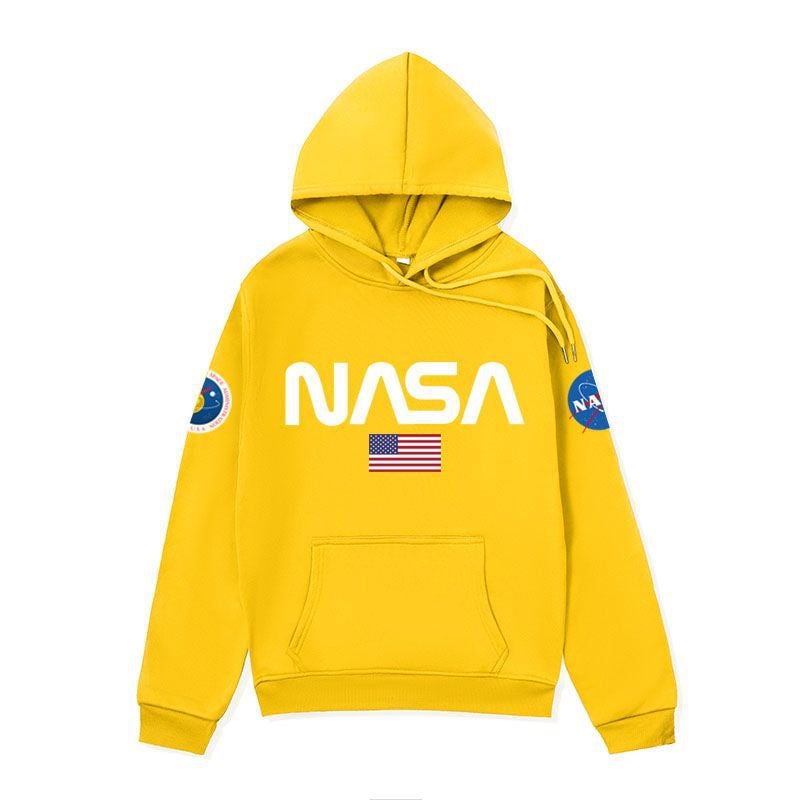 European and American fashion brand NASA series sweater mens American hoodie autumn and winter fleece-lined couple coat hoodies Yellow-white label 