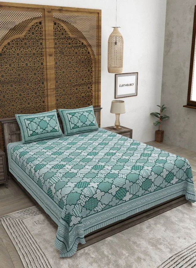 CLOTHOLOGY CLOTHOLOGY Green Ethnic Motifs Pure Cotton 180 TC King Fine Bedsheet with 2 Pillow Covers