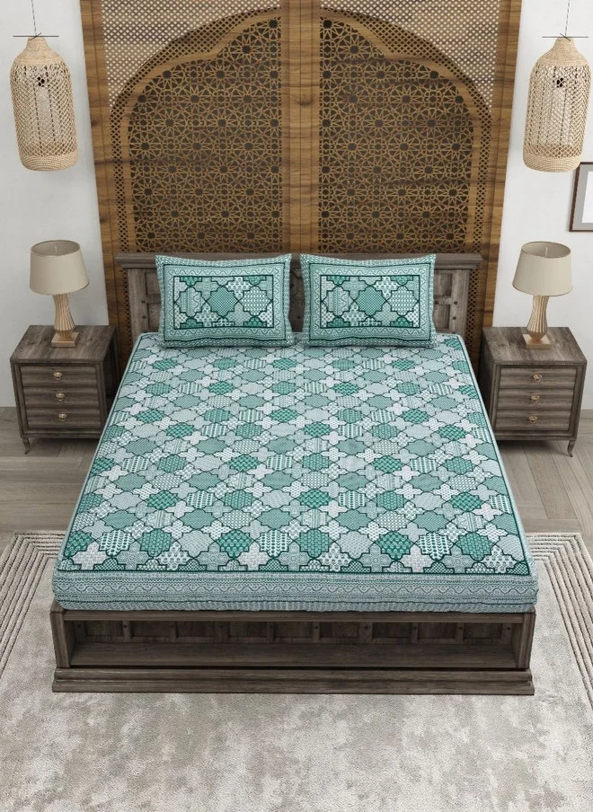 CLOTHOLOGY CLOTHOLOGY Green Ethnic Motifs Pure Cotton 180 TC King Fine Bedsheet with 2 Pillow Covers