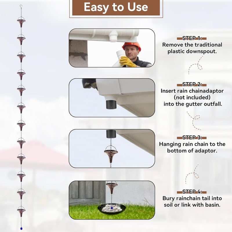 CBAXEAXM Store Rain Chains for Outside, 8.6FT Gutter Chain with 12 Funnel Cups Rain Catcher Chain Replacement Downspout for Gutters Eaves Drainage Decor, Copper - Image 4