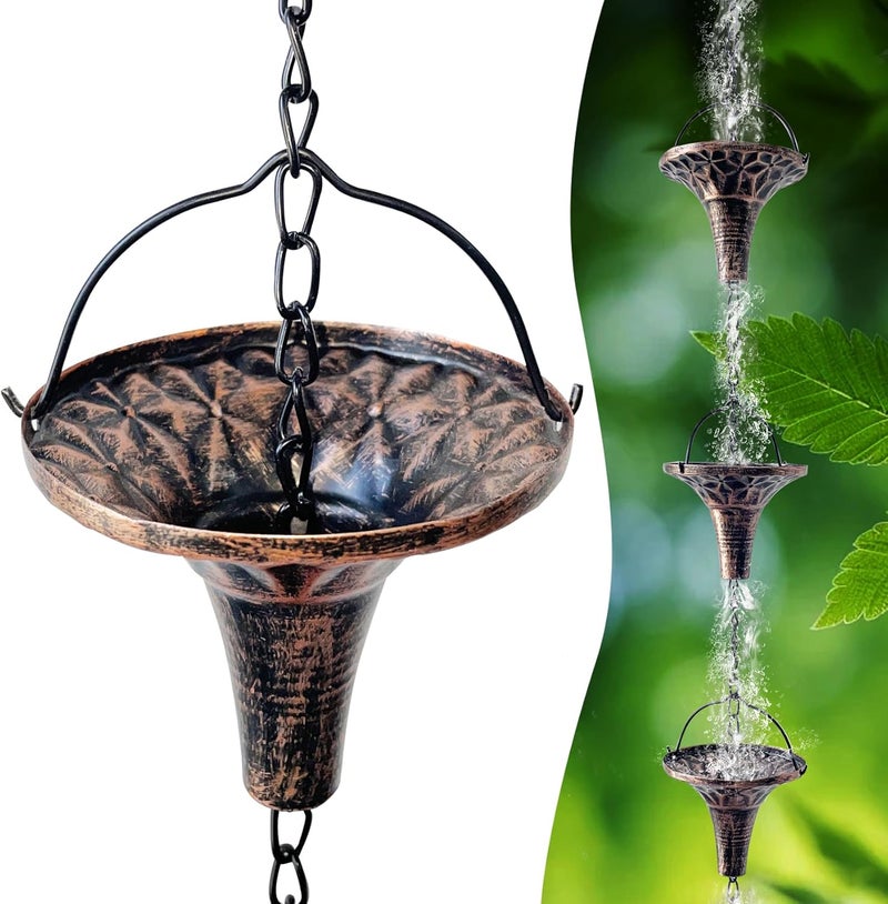 CBAXEAXM Store Rain Chains for Outside, 8.6FT Gutter Chain with 12 Funnel Cups Rain Catcher Chain Replacement Downspout for Gutters Eaves Drainage Decor, Copper - Image 1