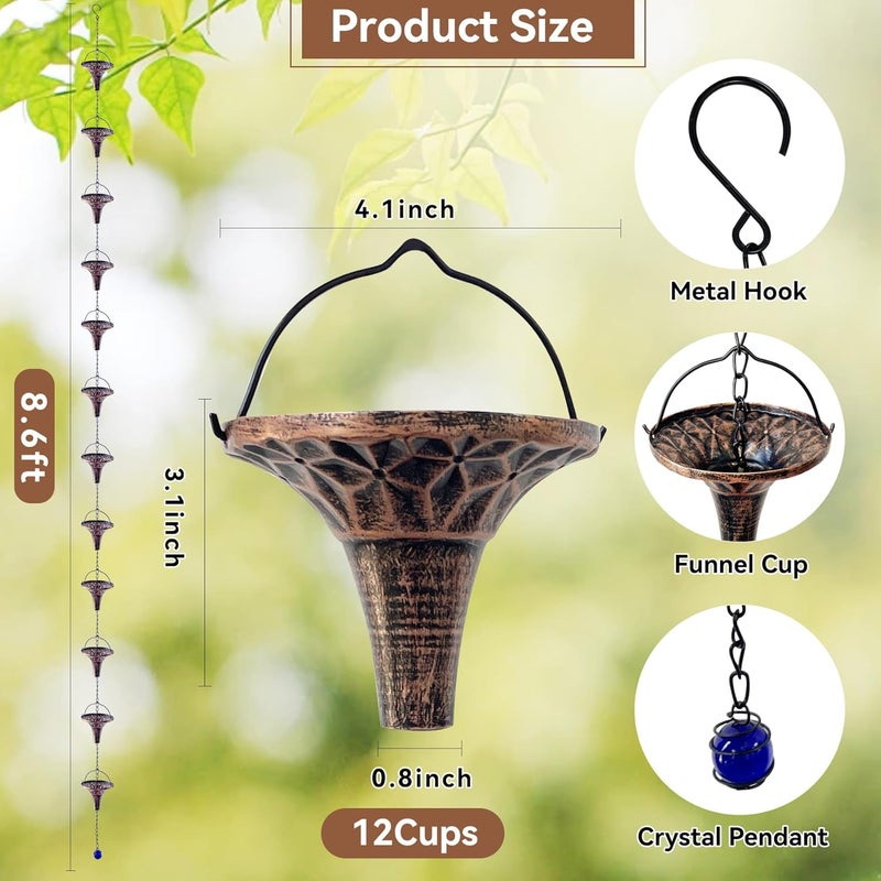 CBAXEAXM Store Rain Chains for Outside, 8.6FT Gutter Chain with 12 Funnel Cups Rain Catcher Chain Replacement Downspout for Gutters Eaves Drainage Decor, Copper - Image 2