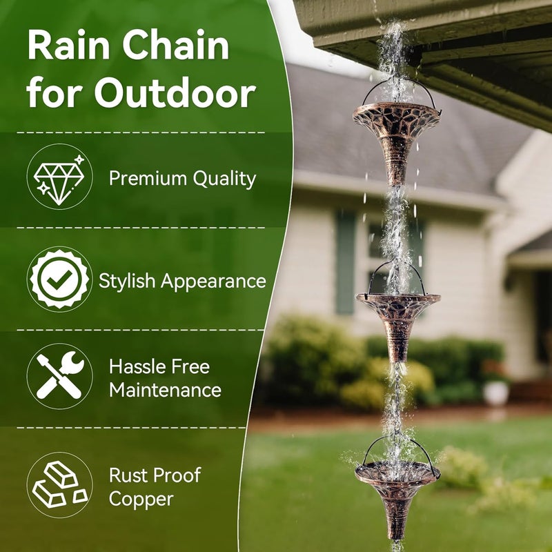 CBAXEAXM Store Rain Chains for Outside, 8.6FT Gutter Chain with 12 Funnel Cups Rain Catcher Chain Replacement Downspout for Gutters Eaves Drainage Decor, Copper - Image 3