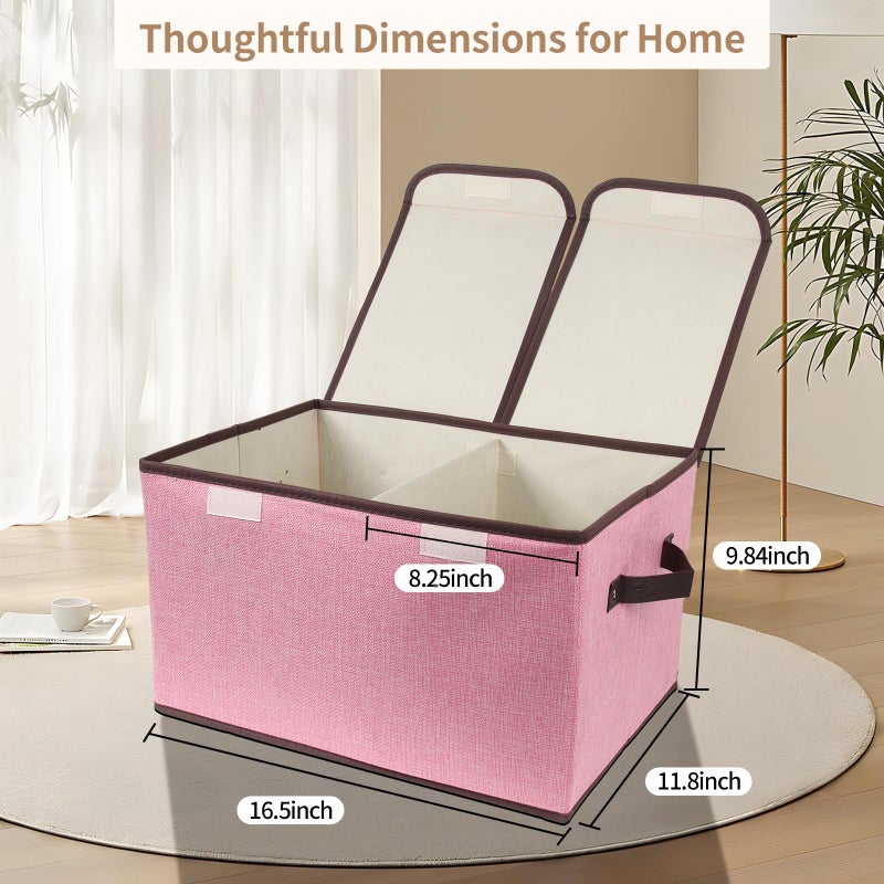 Tcbelosion Foldable Fabric Storage Box, 16.5 x 11.8 x 9.8 inches (L x W x H), with Double-Lid & Dividers, Large Organizer for Home, Closet, Office(Pink) - Image 2