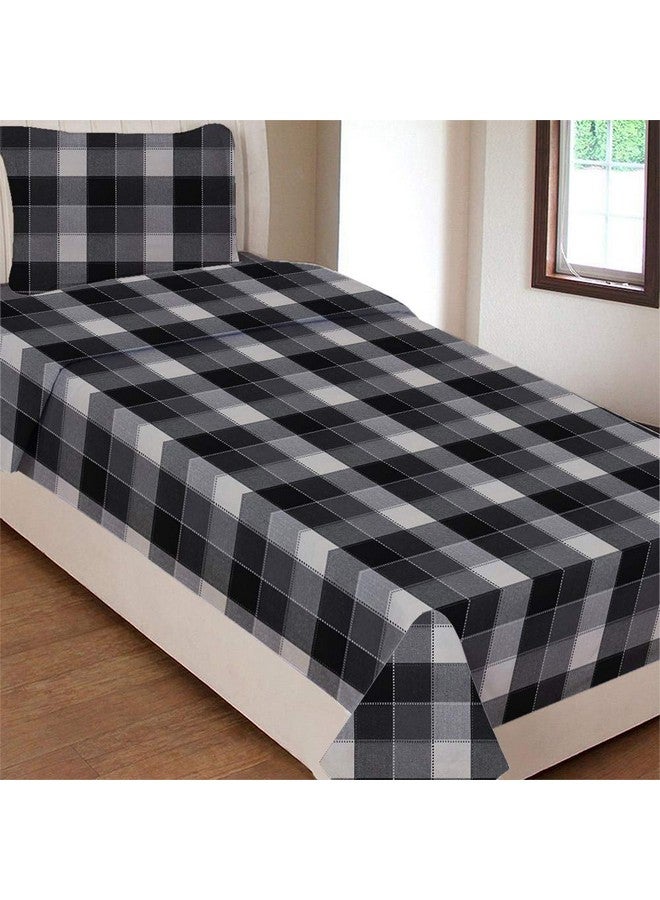 AIRWILL Cotton Self Designed Checks 200 GSM Single Bedsheet with 1 Pillow Cover (Black, Pack of 1 Set) - Image 1