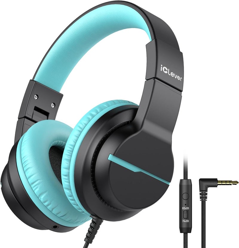 iClever HS19 Kids Headphones with Microphone for School, Volume Limiter 85/94dB, Over-Ear Girls Boys Headphones for Kids with Shareport, Foldable Wired Headphones for iPad/Travel (Black) - Image 1