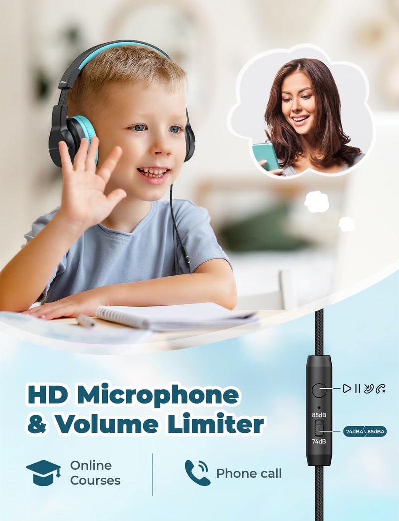 iClever HS19 Kids Headphones with Microphone for School, Volume Limiter 85/94dB, Over-Ear Girls Boys Headphones for Kids with Shareport, Foldable Wired Headphones for iPad/Travel (Black) - Image 2
