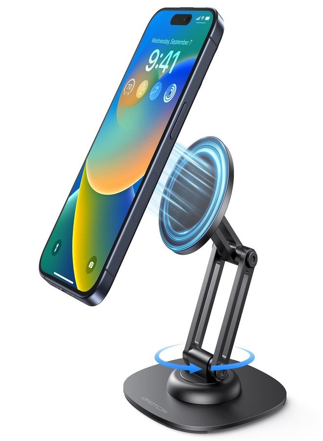 Omoton حامل هاتف مغناطيسي دوار 360° من OMOTON للمكتب، قابل للتعديل وقابل للطي من الألمنيوم لحامل هاتف MagSafe مع قاعدة غير قابلة للانزلاق، لهواتف iPhone 17/16/15/14 Pro Max Air/حافظة MagSafe - أسود - Image 1