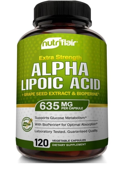 Alpha Lipoic Acid, Extra Strength - with Grape Seed Extract and BioPerine Black Pepper Extract 635mg 120 Capsules