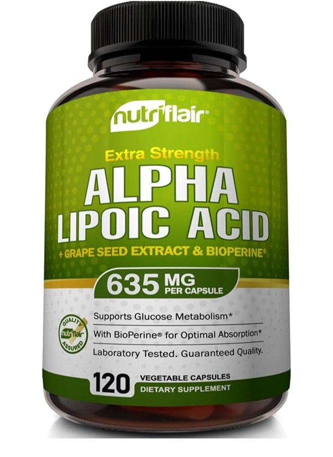 NutriFlair - Alpha Lipoic Acid, Extra Strength - with Grape Seed Extract and BioPerine Black Pepper Extract 635mg 120 Capsules - Image 1