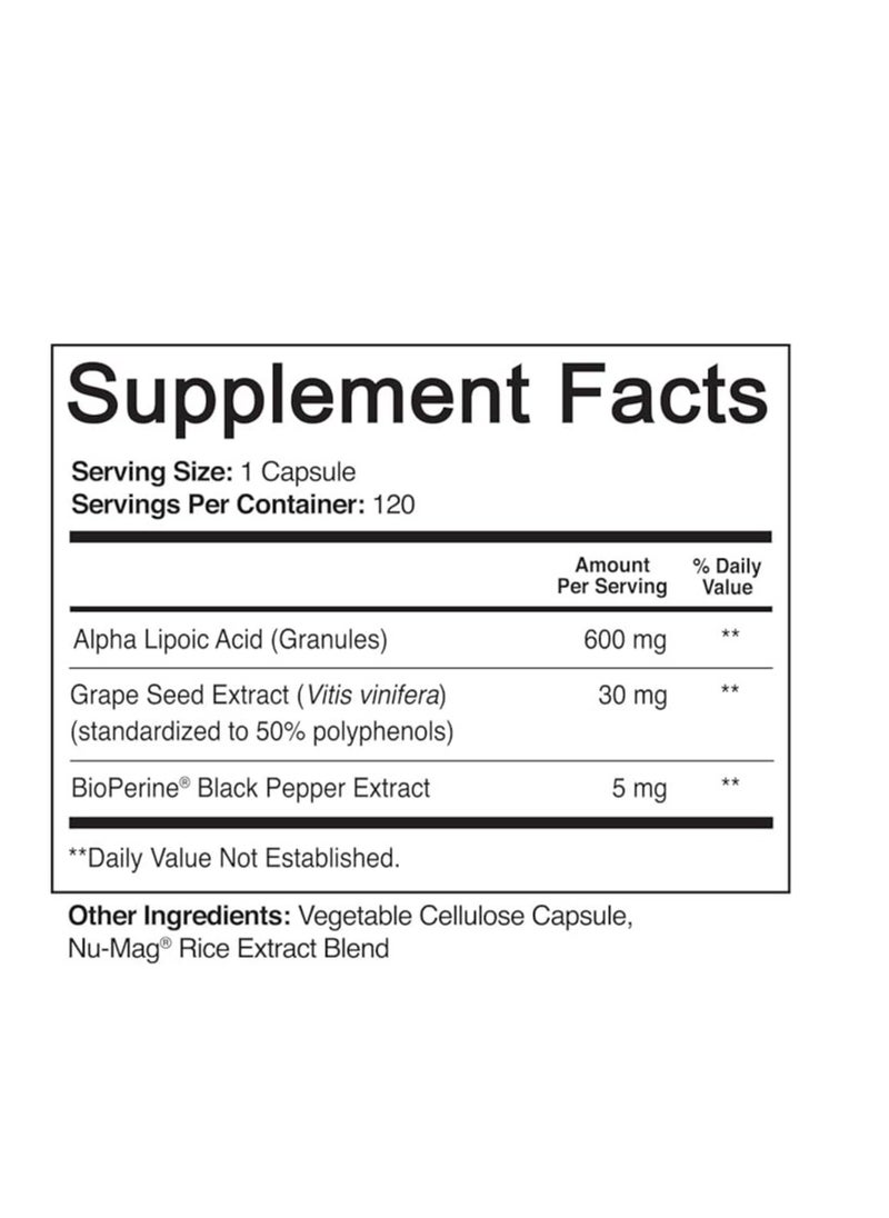 NutriFlair - Alpha Lipoic Acid, Extra Strength - with Grape Seed Extract and BioPerine Black Pepper Extract 635mg 120 Capsules - Image 1