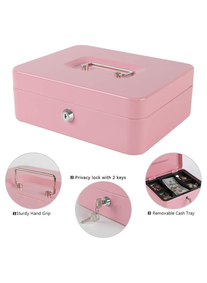 Steel Cash Box with Key Lock, Metal Small Money Organizer with Money Tray, Cash Storage Box with Lockable Cover, Pink - Image 2