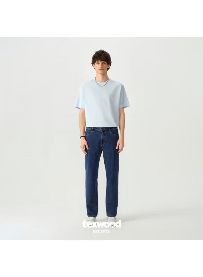 Texwood Apple Men's Jeans, Business Trendy Retro Stone-ground Straight-leg Pants, Lightweight Casual Cotton Trousers, Medium Blue, Size 33 - Image 3