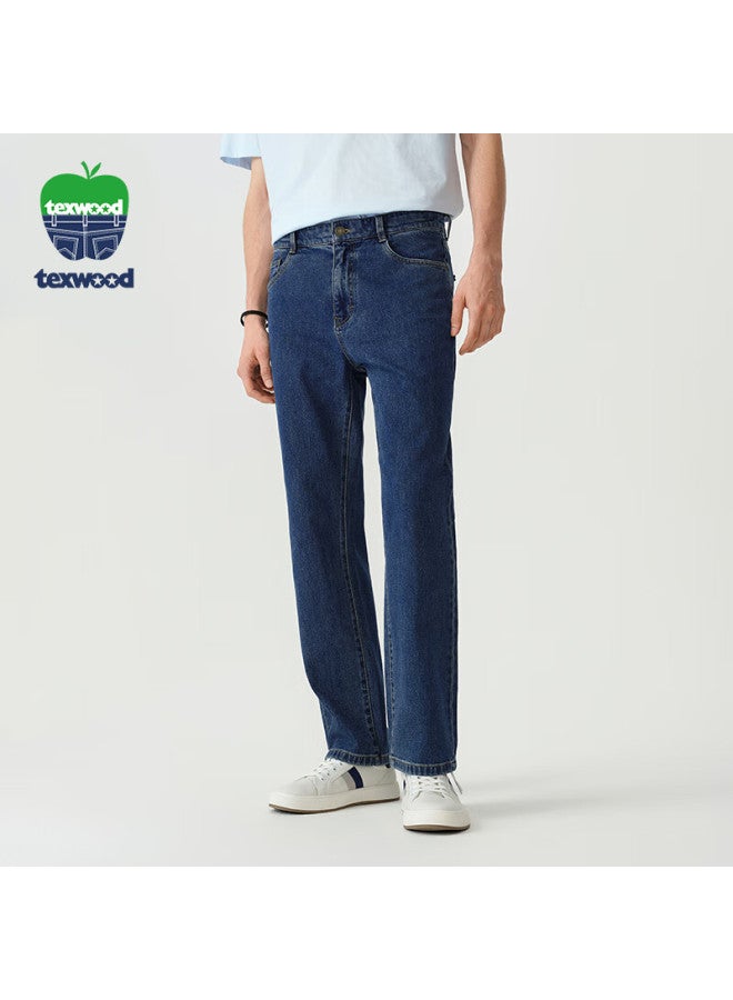 Texwood Apple Men's Jeans, Business Trendy Retro Stone-ground Straight-leg Pants, Lightweight Casual Cotton Trousers, Medium Blue, Size 33 - Image 1