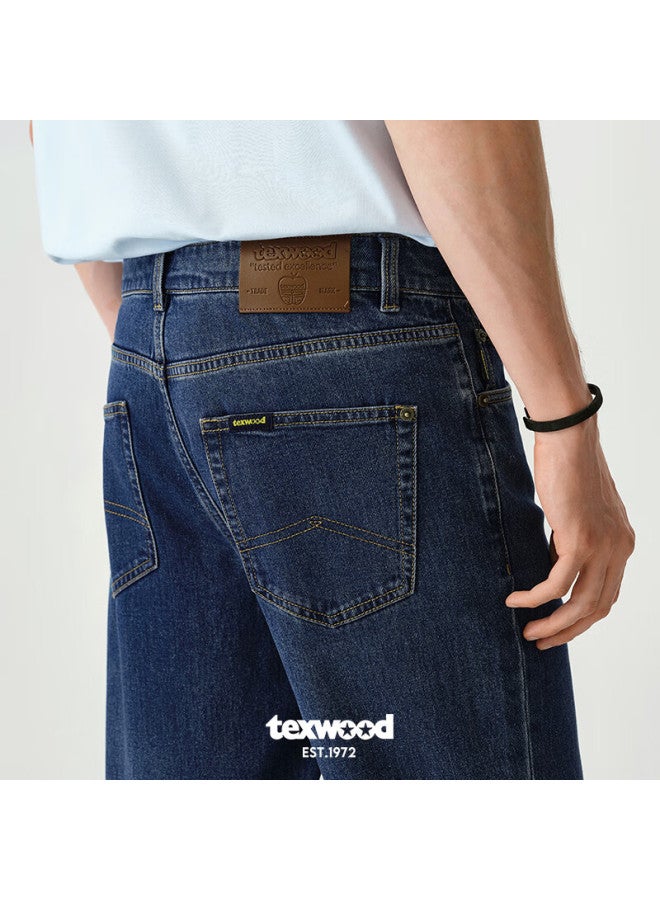 Texwood Apple Men's Jeans, Business Trendy Retro Stone-ground Straight-leg Pants, Lightweight Casual Cotton Trousers, Medium Blue, Size 33 - Image 2