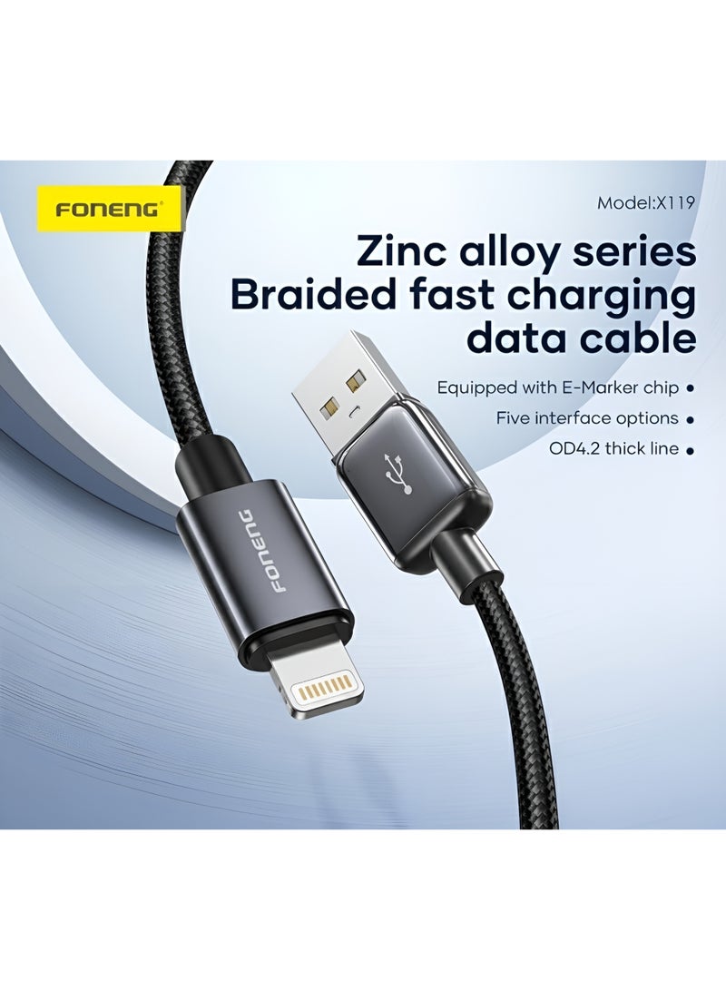 فونينج كابل شحن lightning سريع فونينج X119 – سلك مضفر قوي بطول 1 متر – مقاوم للانحناء بقدرة 2.1A – هيكل زنك ألووي متين – لون أسود (For iP) - Image 4