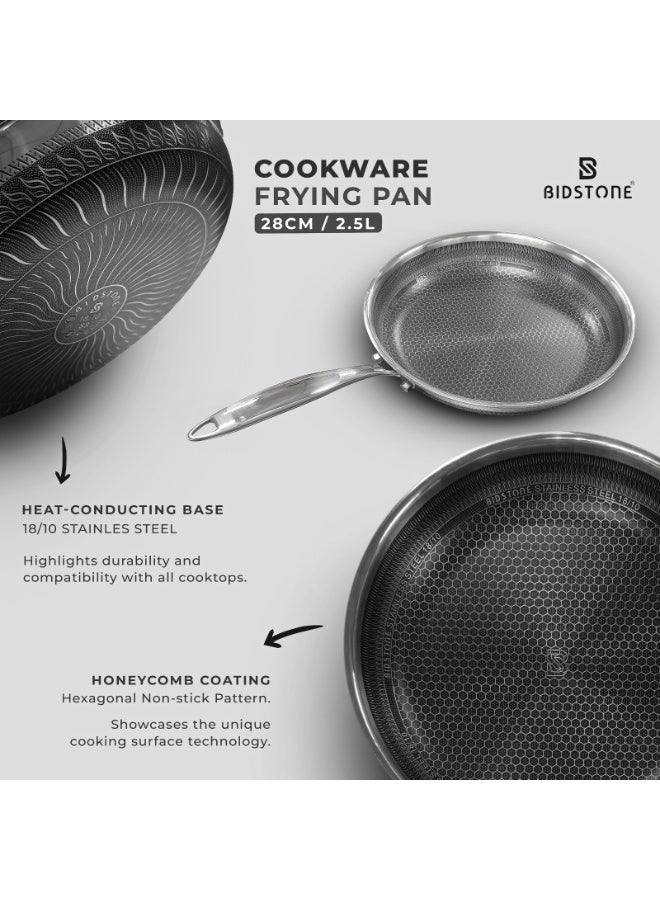 BIDSTONE 28cm Premium Honeycomb Coated Frying Pan – 2.5L Nonstick 18/10 Stainless Steel, Induction & Oven Safe, Durable Cookware, PFOA/PTFE/PFOS-Free - Image 2