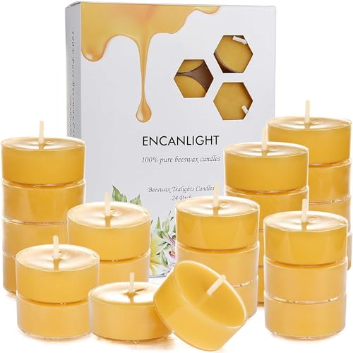 ENCANLIGHT Beeswax Tealight Candles, Handmade Tea Light Candle 24 Pack with Cotton Wick - 4 Hours Long Burning, Natural Unscented and Smokeless for Home Decor, Party, Dinner - Image 1