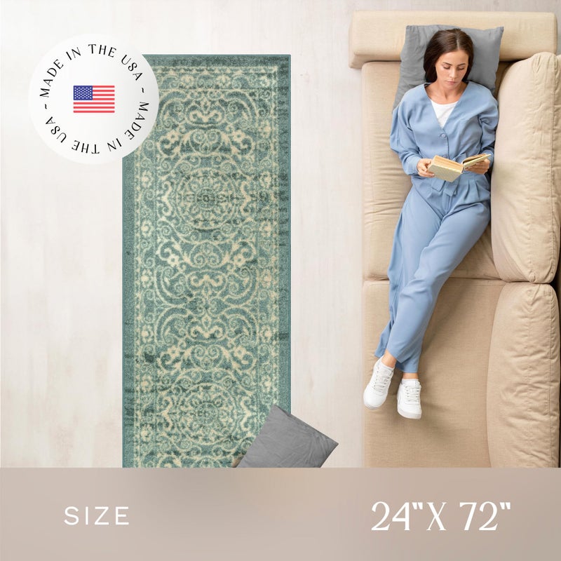 Maples Rugs سجادة بيلهم العتيقة غير قابلة للانزلاق قابلة للغسل للسير في الممرات [صنع في الولايات المتحدة الأمريكية]، 2 × 6، سبا فاتح - Image 3