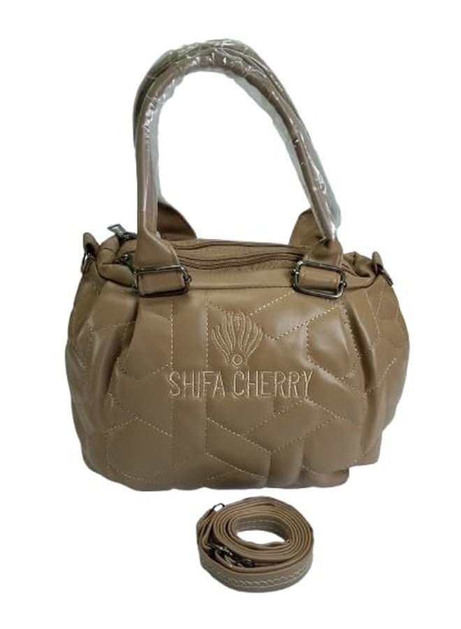Quilted Handbag with Shoulder Strap, Beige Faux Leather, Geometric Pattern, Double Handle Satchel Style - Image 1