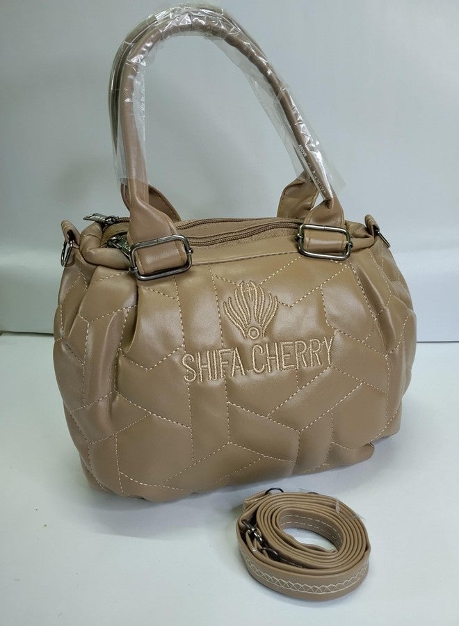 Quilted Handbag with Shoulder Strap, Beige Faux Leather, Geometric Pattern, Double Handle Satchel Style - Image 3