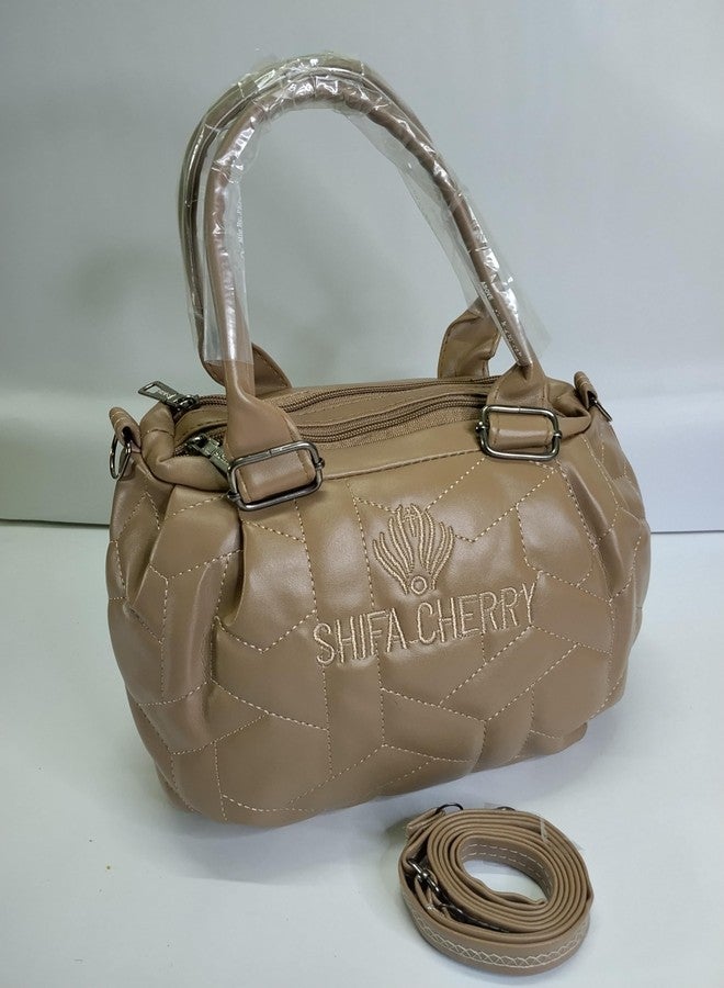 Quilted Handbag with Shoulder Strap, Beige Faux Leather, Geometric Pattern, Double Handle Satchel Style - Image 5