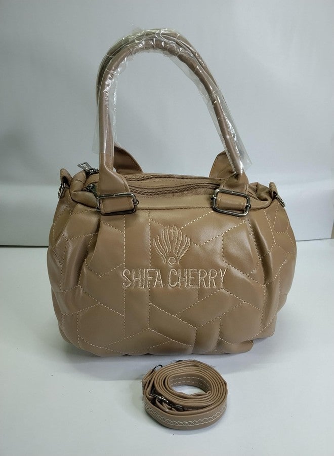 Quilted Handbag with Shoulder Strap, Beige Faux Leather, Geometric Pattern, Double Handle Satchel Style - Image 4