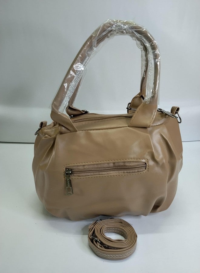 Quilted Handbag with Shoulder Strap, Beige Faux Leather, Geometric Pattern, Double Handle Satchel Style - Image 2