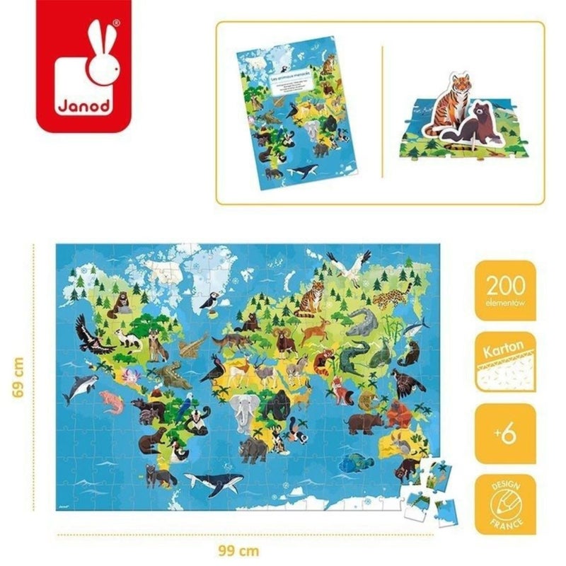 Janod 200 Piece World Atlas Floor Puzzle with Endangered Animal Figures - Ages 6+ - J02676 - Image 3