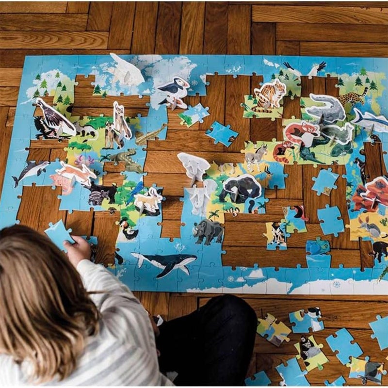 Janod 200 Piece World Atlas Floor Puzzle with Endangered Animal Figures - Ages 6+ - J02676 - Image 2