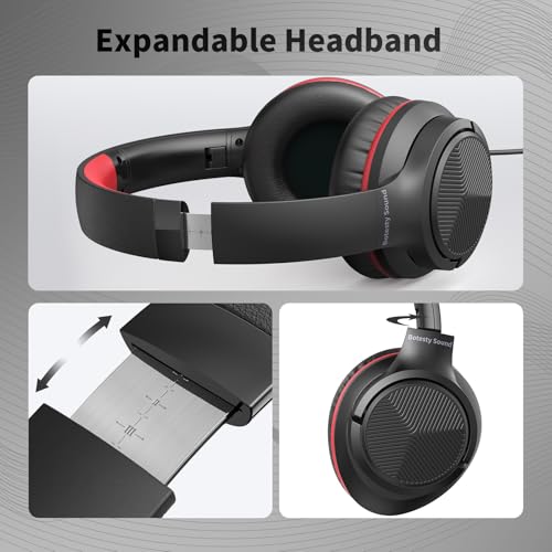 Botesty Sound Headphones Wired with Microphone, Over Ear Foldable 3.5mm Plug in Headphones Corded with 4.9ft Tangle-Free Nylon Cord for Tablet, Laptop, MP3/4, School, Airplane Travel (Black Red) - Image 3