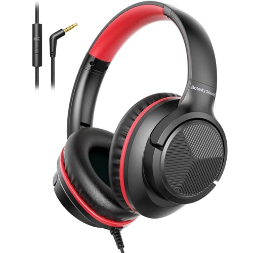 Botesty Sound Headphones Wired with Microphone, Over Ear Foldable 3.5mm Plug in Headphones Corded with 4.9ft Tangle-Free Nylon Cord for Tablet, Laptop, MP3/4, School, Airplane Travel (Black Red) - Image 1