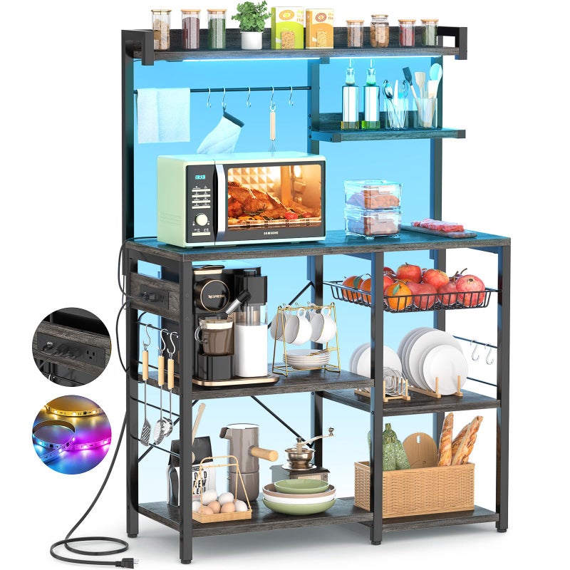Aheaplus Aheaplus Bakers Rack with Power Outlet and LED Light Strings Microwave Oven Stand Kitchen Storage Shelf with Wire Basket Coffee Bar Station Island Table with 10 Hooks for Spices Pots Black Oak 