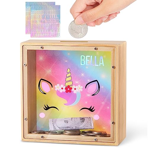 MHJY Piggy Bank for Kids, Wooden Money Coin Bank for Boys and Girls, Dinosaur Unicorn Piggy Banks with DIY Stickers for Birthday, Easter Gifts (Rainbow) - Image 1