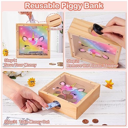 MHJY Piggy Bank for Kids, Wooden Money Coin Bank for Boys and Girls, Dinosaur Unicorn Piggy Banks with DIY Stickers for Birthday, Easter Gifts (Rainbow) - Image 5