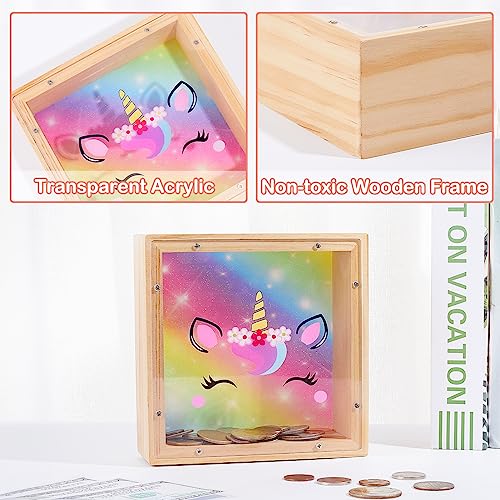 MHJY Piggy Bank for Kids, Wooden Money Coin Bank for Boys and Girls, Dinosaur Unicorn Piggy Banks with DIY Stickers for Birthday, Easter Gifts (Rainbow) - Image 4