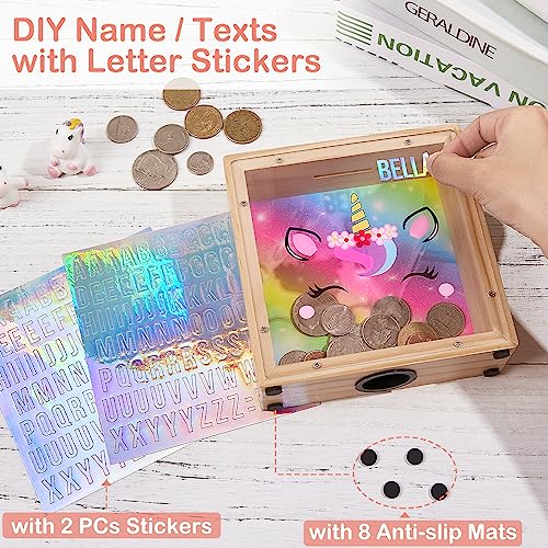 MHJY Piggy Bank for Kids, Wooden Money Coin Bank for Boys and Girls, Dinosaur Unicorn Piggy Banks with DIY Stickers for Birthday, Easter Gifts (Rainbow) - Image 2