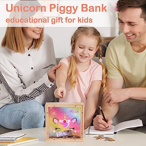 MHJY Piggy Bank for Kids, Wooden Money Coin Bank for Boys and Girls, Dinosaur Unicorn Piggy Banks with DIY Stickers for Birthday, Easter Gifts (Rainbow) - Image 3