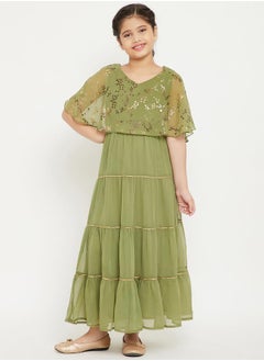 Stylo Bug Foil Print Cape Sleeves Tiered Maxi Dress by Styli  - Image 1