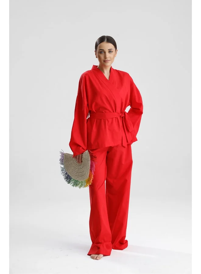 GACACOLLECTION Rose Oversize Tie-Back Elastic Waist Red Kimono.