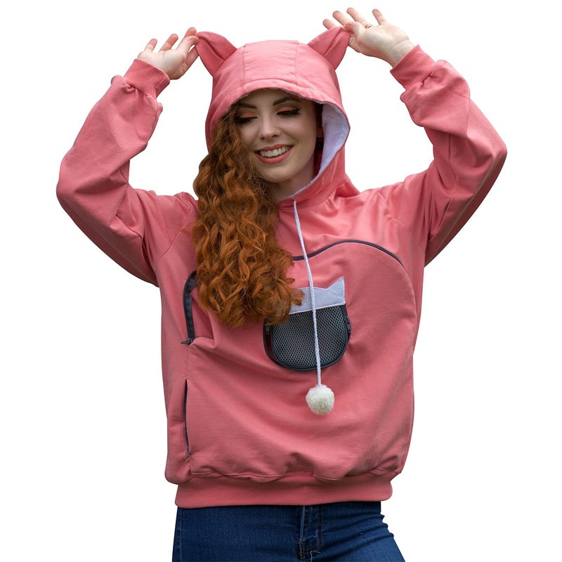 ALYC Pet Carrier Hoodie Cat Dog Pouch Holder Sweatshirt Large Pocket Pullover Shirt with Cat Ear for Women Pink 3XLarge