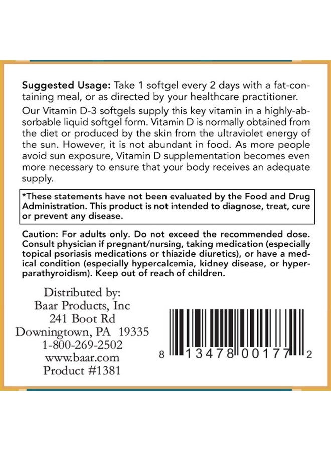Baar Vitamin D-3 Softgels, 5,000 IU, 120 Softgels - Image 3
