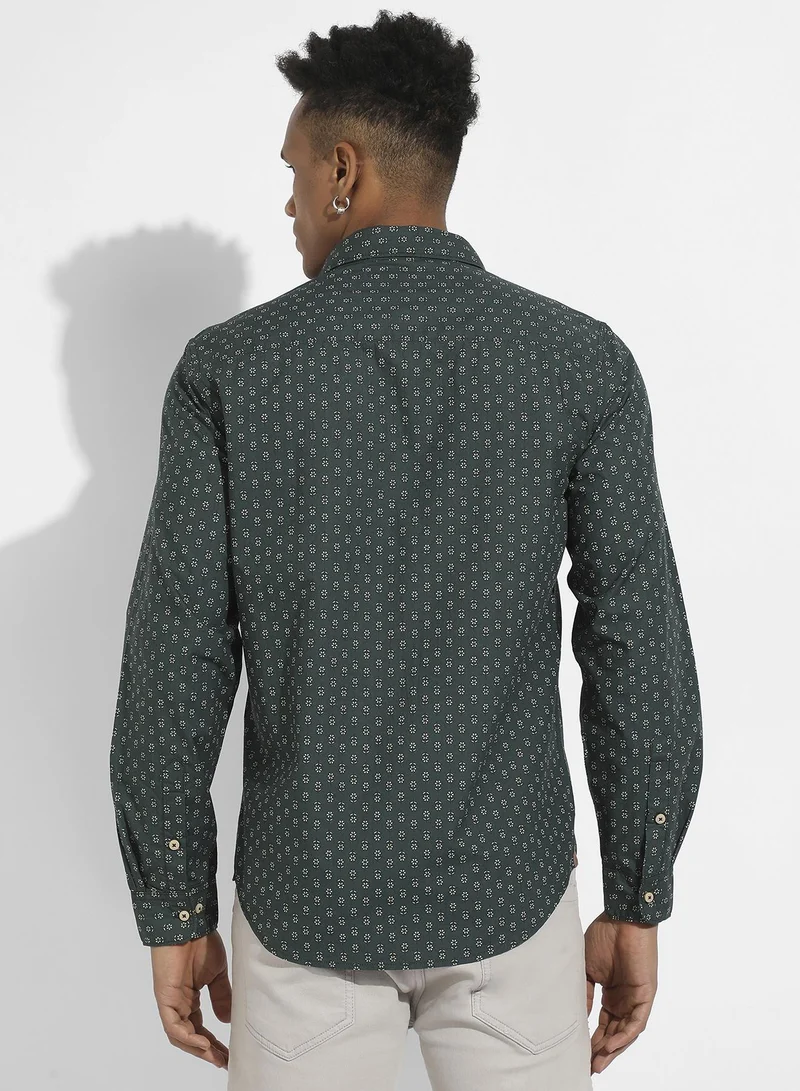 Campus Sutra Men's Forest Green Micro Flower Shirt