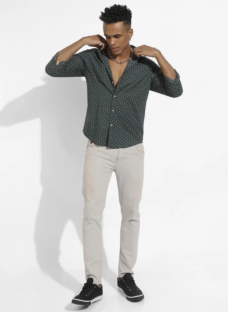 Campus Sutra Men's Forest Green Micro Flower Shirt