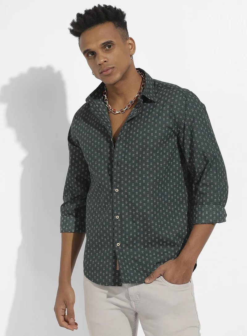 Campus Sutra Men's Forest Green Micro Flower Shirt