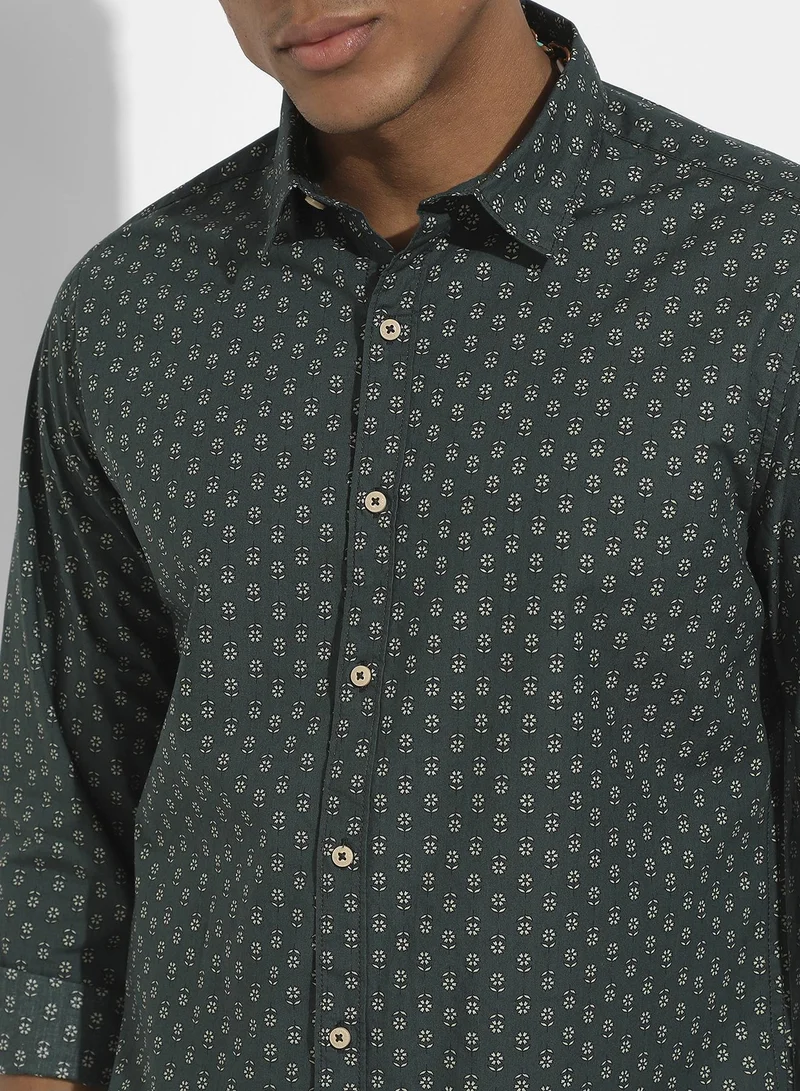 Campus Sutra Men's Forest Green Micro Flower Shirt