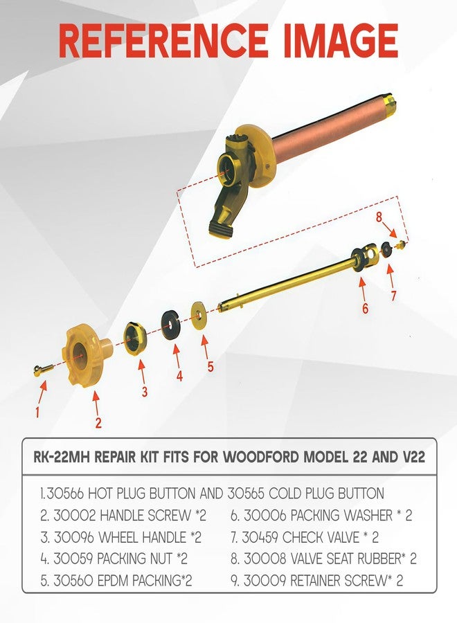 طقم إصلاح مقبض معدني Achilioson RK-22MH، طقم إصلاح صنبور خارجي rk-22mh متوافق مع صنبور Woodford موديل 22 وV22 للماء الساخن والبارد الخارجي، مقبض دائري (18 قطعة). - Image 5